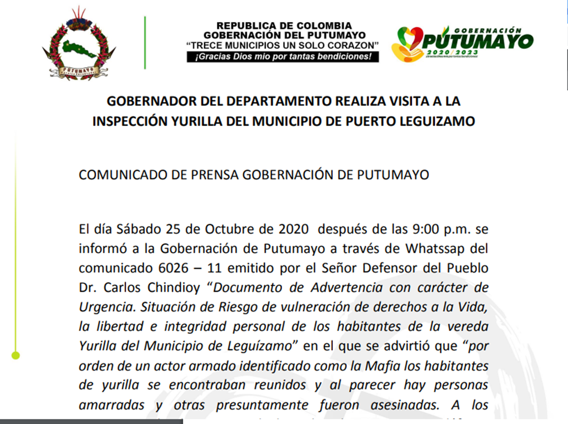 Gobernador del Departamento realiza visita a la Inspección Yurilla del Municipio de Puerto Leguízamo
