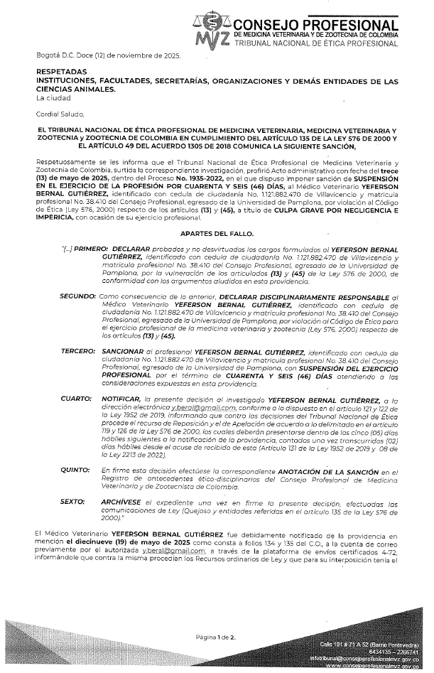 Comunicación Entidades - Consejo Profesional de Medicina Veterinaria y de Zootecnia de Colombia