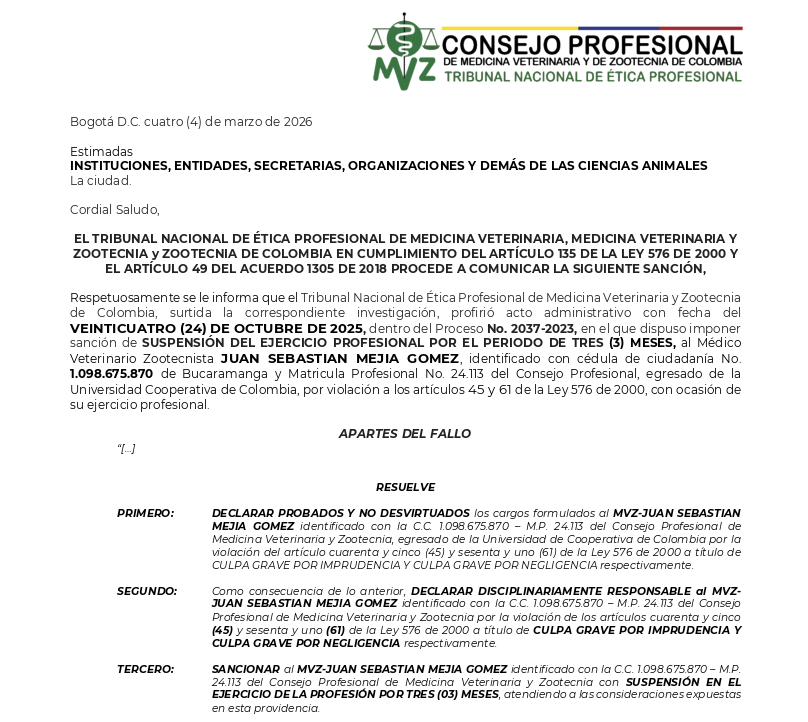 Sanción de Suspensión del Ejercicio Profesional mediante Acto Administrativo No. 2037-2023 a Juan Sebastián Mejía Gomez