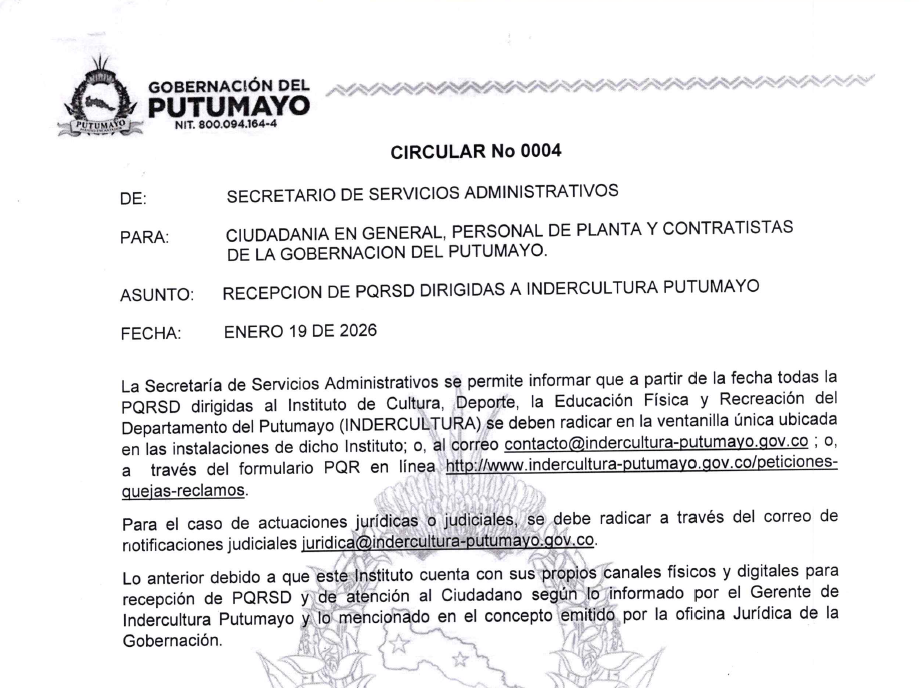 Recepción de PQRSD Dirigidas a Indercultura Putumayo