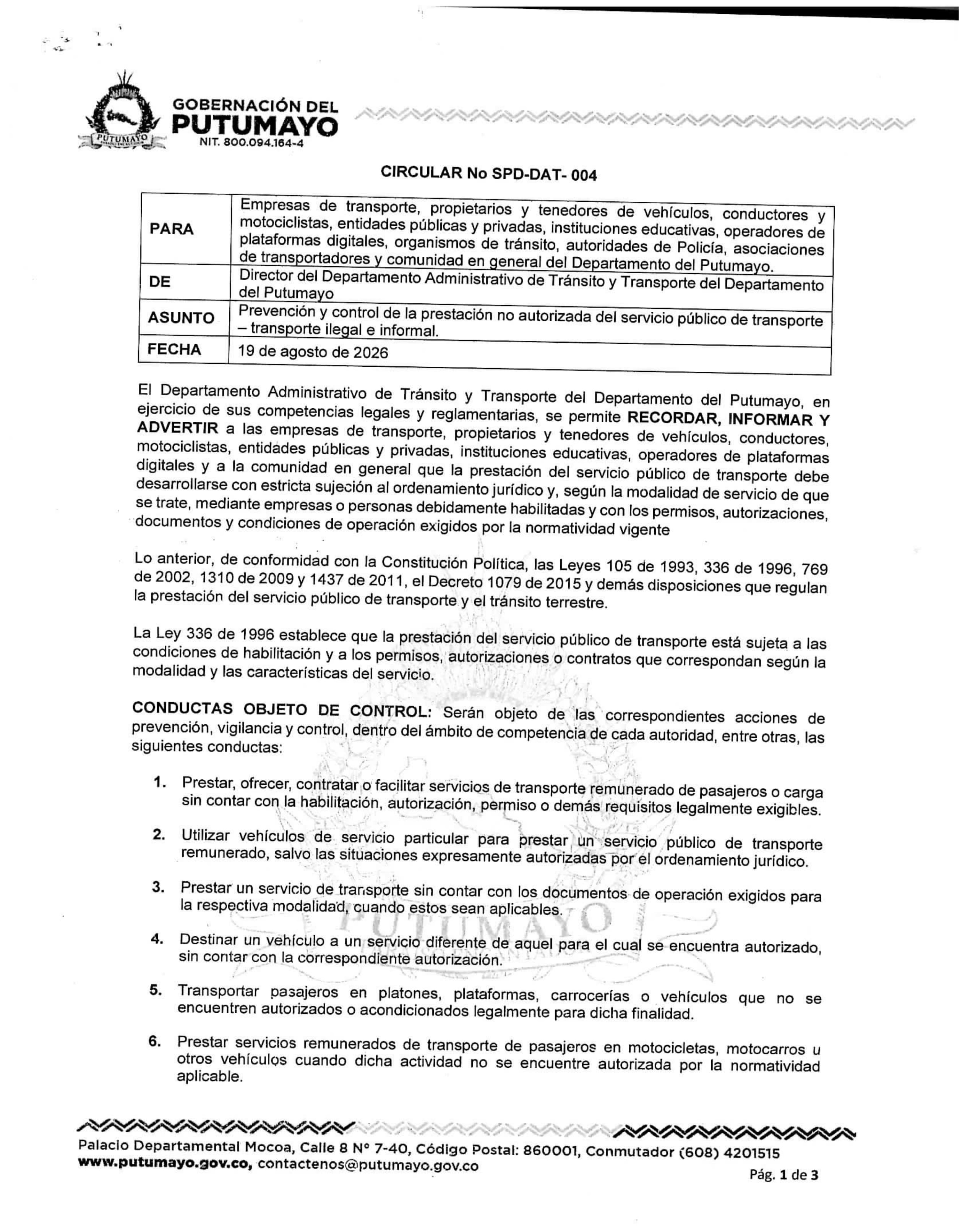 CIRCULAR No SPD-DAT-004 - Prevención y control servicio público no autorizado.