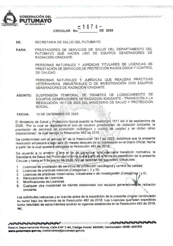 Suspensión temporal de trámites de licenciamiento de equipos generadores de radiación ionizante...