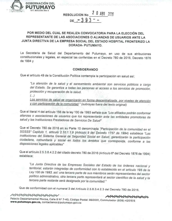 Convocatoria para la elección del representante de las asociaciones o alianzas de usuarios ante la Junta Directiva de la Empresa Social del Estado Hospital Fronterizo La Dorada, Putumayo.